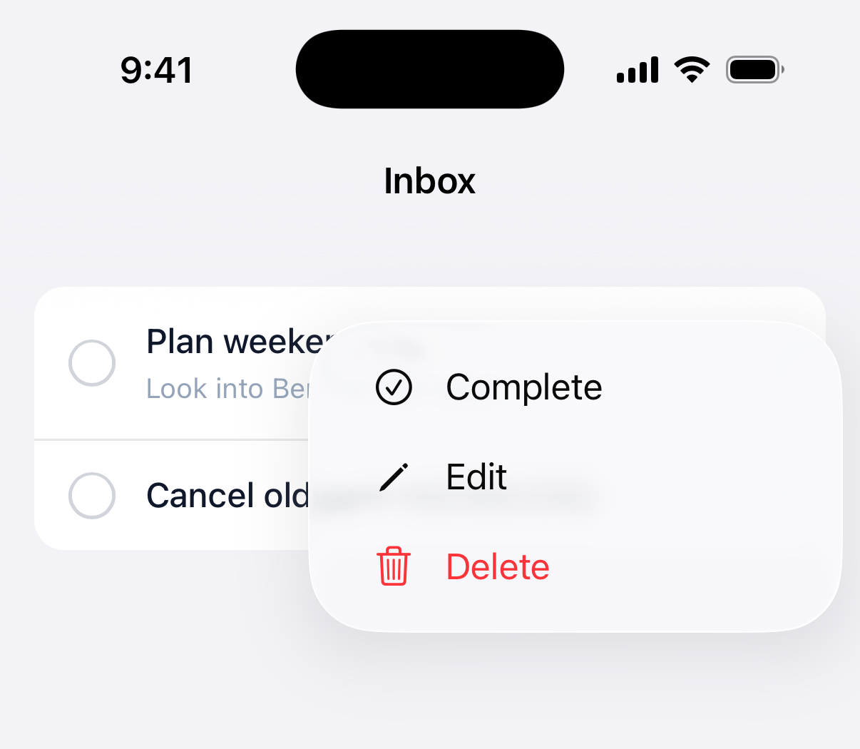 In-content menu open over a todo row on iOS